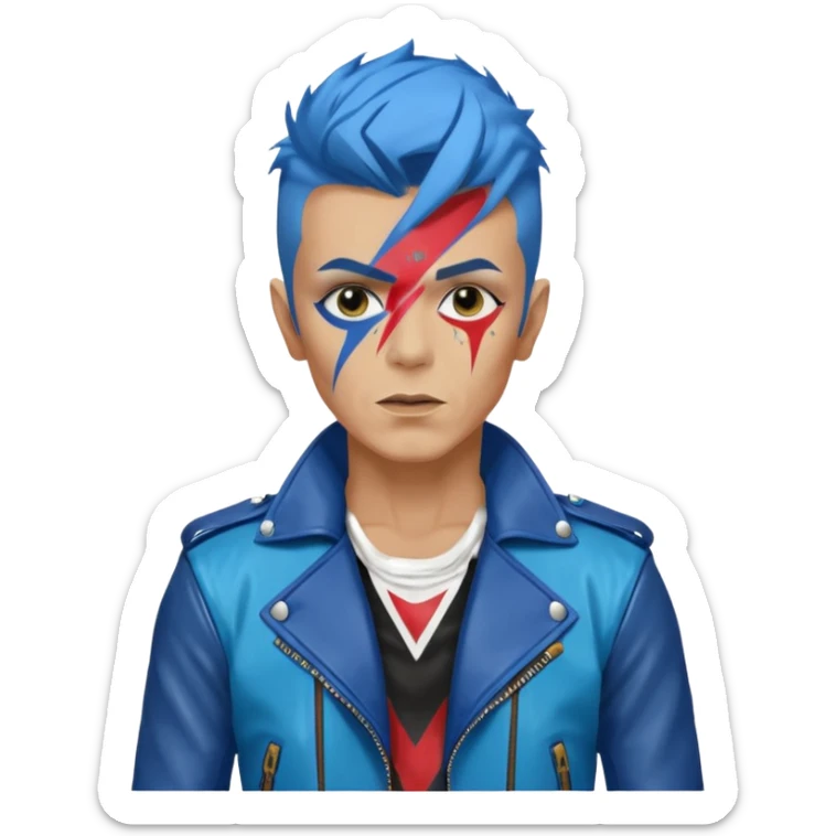 A male rockstar wearing Ebay brand colours and David Bowie face paint - showing more of his torso and blue hair sticker