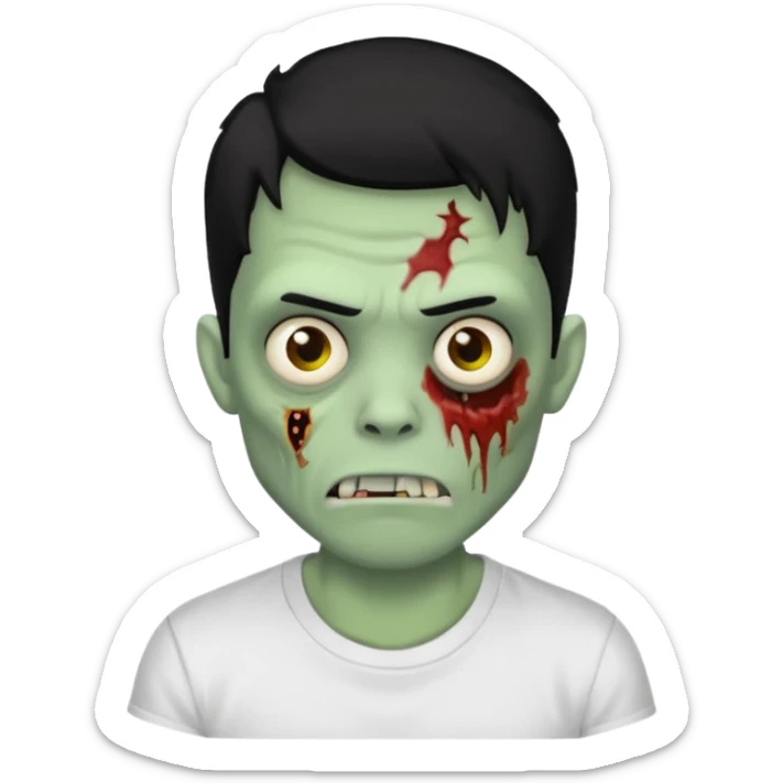 Rosto de frente classico de zombie boca meio torta cabelos medios pretos low fade com pele verde clara camiseta branca sticker
