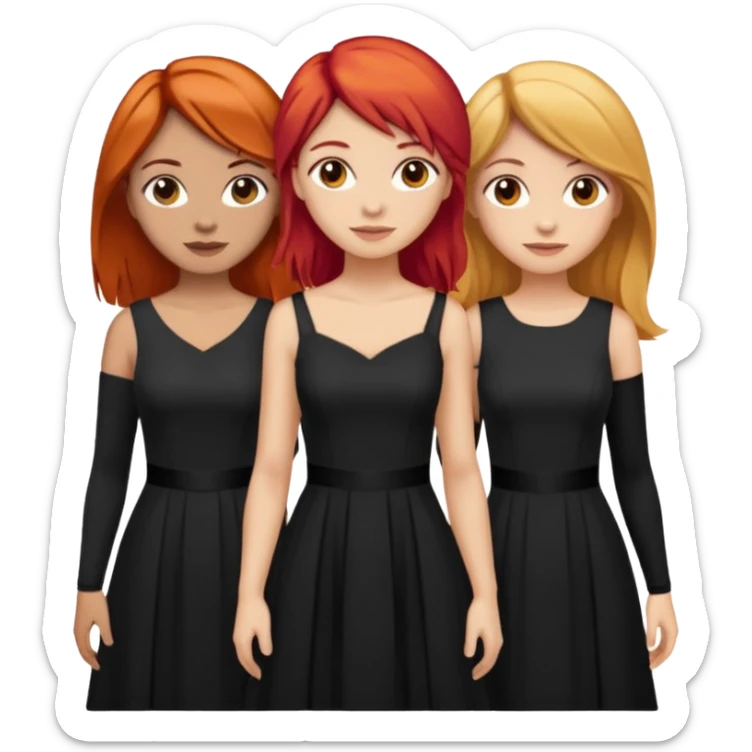 Can you create an image of 3 friends together one with red bright hair light skin one the other with brown hair with some blonde highlights in the hair fair skin the last one with light brown a tint of orange hair and black long hair with brown with dresses dark hair on one sticker