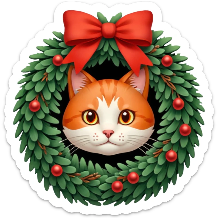 A Christmas wreath made entirely of fir trees, decorated with a red bow at the bottom, pine cones and Christmas tree balls, and a cat poking its face through the hole in the center. sticker