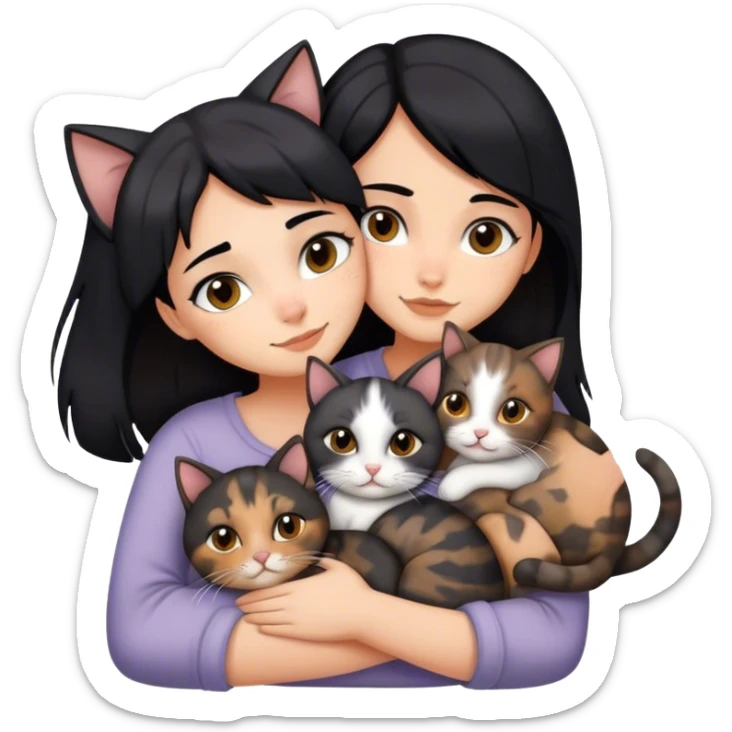 girl with black hair hugging three cats  (tortie cat, gray cat, brown calico cat) sticker