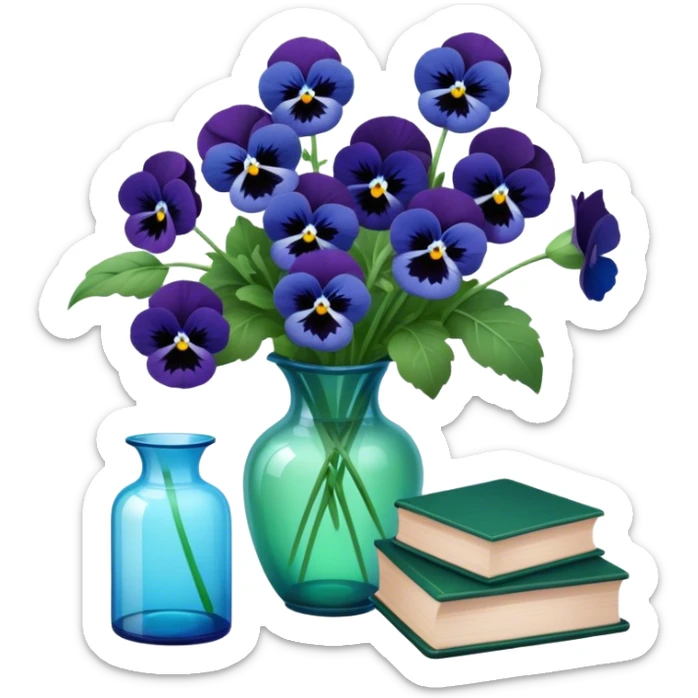 Aesthetically arranged books in dark green and next to them a bouquet of blue pansies in a light green glass vase sticker