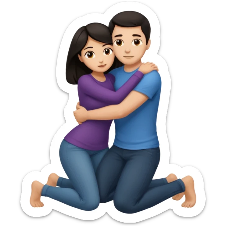 man with dark hair on knees, facing dark haired standing woman, hugging her waist sticker
