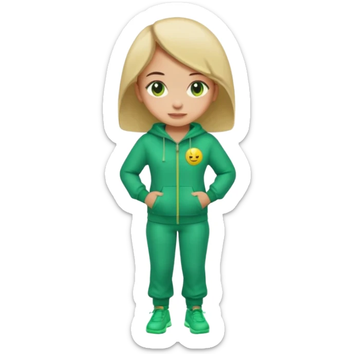​"A mosaic portrait of a girl in a green tracksuit, made of tiny emojis, digital art style, pixelated emoji textures, vibrant colors, creative composition." sticker