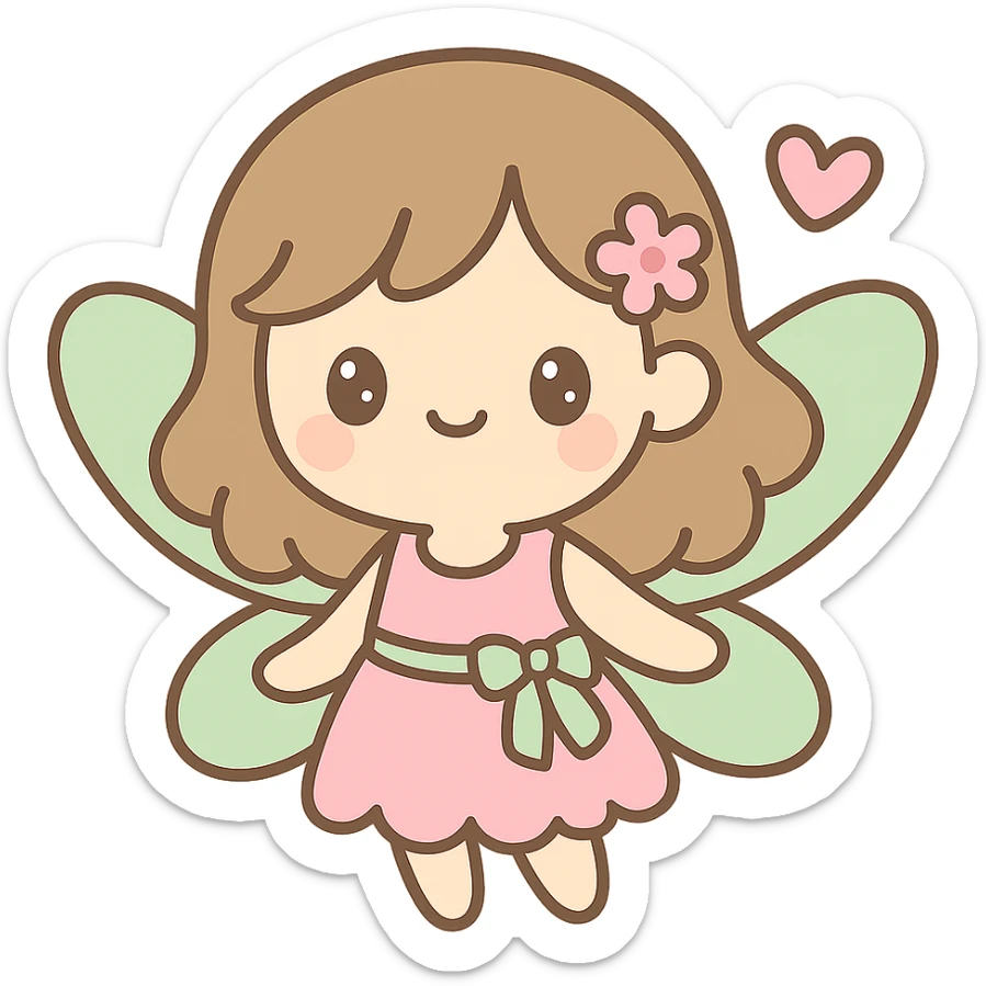 fairycore girl with brown, light pink, and green fairy clothes and wings, light brown hair, whimsical and magical vibe sticker