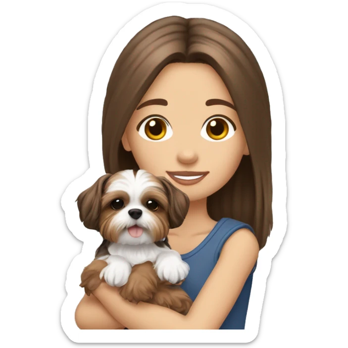 brown hair girl holding a Yorkie Shih Tzu puppy￼ sticker