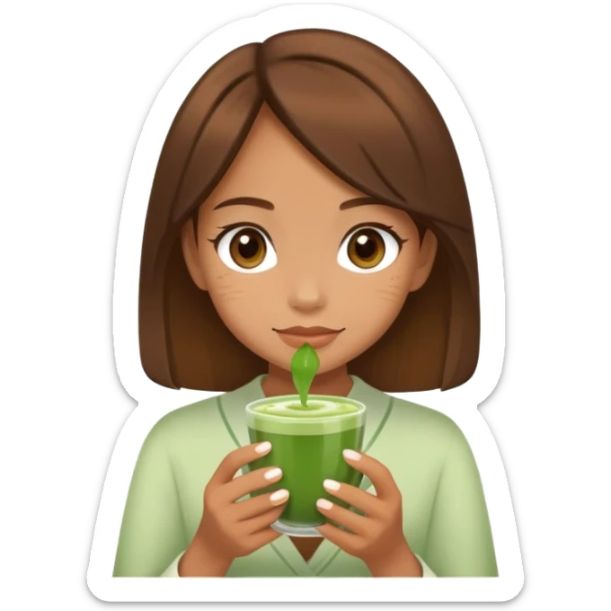 Girl with tan skin and brown hair pretty holding a matcha sticker