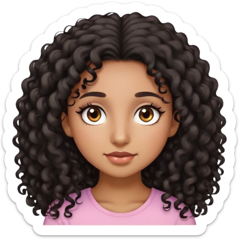 Brown girl, long black curly hair, beautiful dark brown eyes, light brown skin and light rosy cheeks And long eyelashes make her look like an emoji though sticker