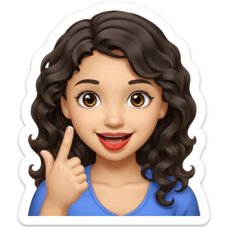 a light skin girl w black slight brown really tall wavy hair biting one fingering and smiling (in a flirty way) with big brown pretty eyes , make sure shes biting the finger, and the hair is wavy not curly sticker