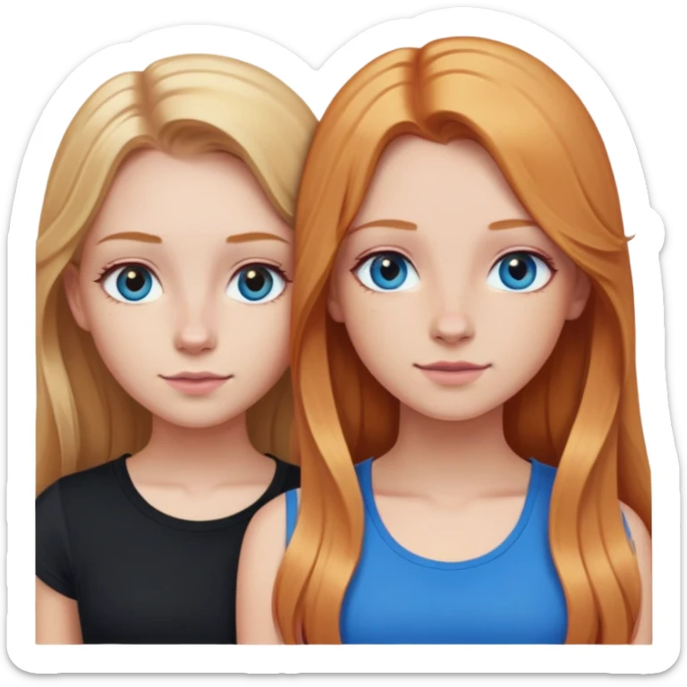 Two girls together. Girl 1: blonde long straight hair, hazel eyes, pink crop top.  girl 2:  long wavy ginger hair, blue eyes, nose ring, black shirt sticker