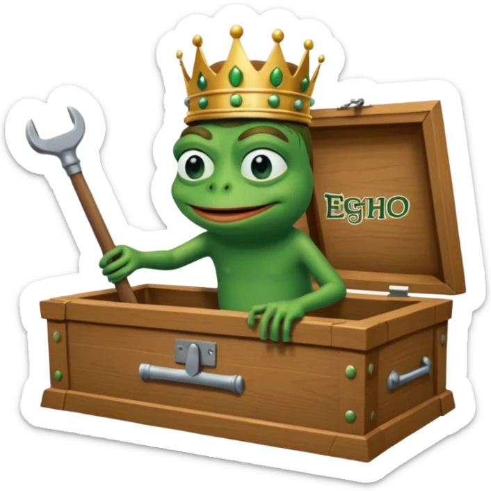 Emoji of an empty wooden coffin with its lid on top, the word ‘ECHO’ carved into the side panel. The coffin is shown from the outside. A king-like Pepe the Frog, standing outside the coffin, is hammering nails into the lid to seal it shut. No character is inside the coffin. Not a treasure chest. sticker