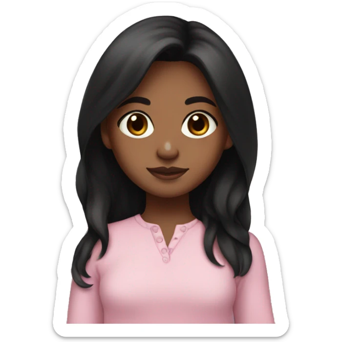 brown skin girl with dark brown eyes. long black hair and a baby pink long sleeve shirt sticker