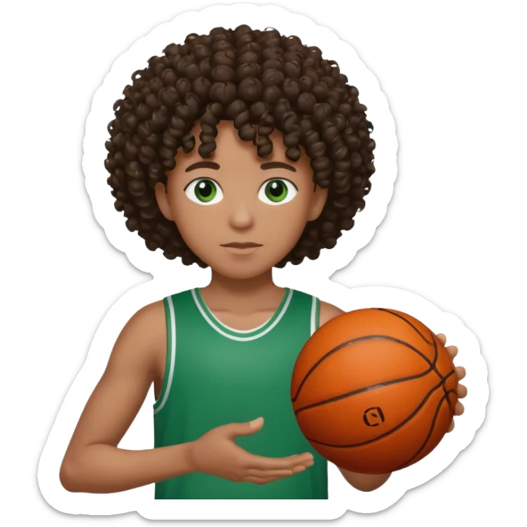 Black person with curly hair and green eyes a basketball on a hand  sticker