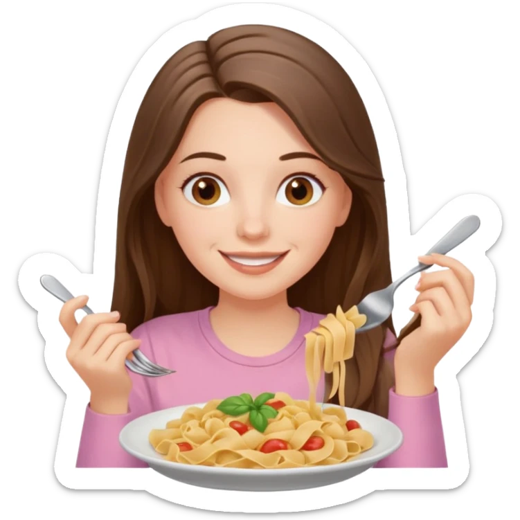 smiling white long brunette hair girl with hazel eyes in light pink with pasta sticker