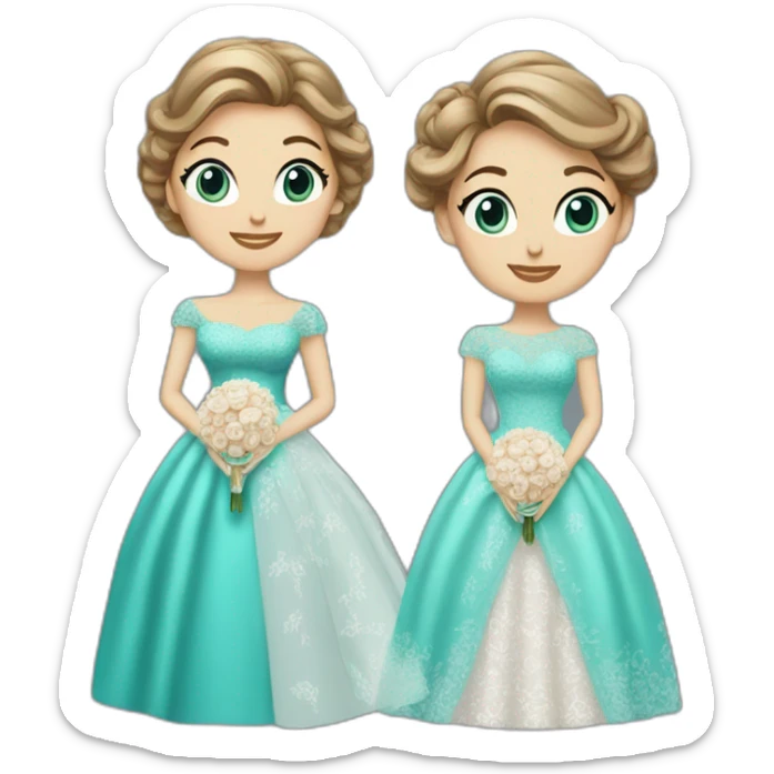 Bride with brown hair into a bun and a lace dress. Mother of the bride with long blonde curls and a turquoise sequined dress with sleeves. sticker