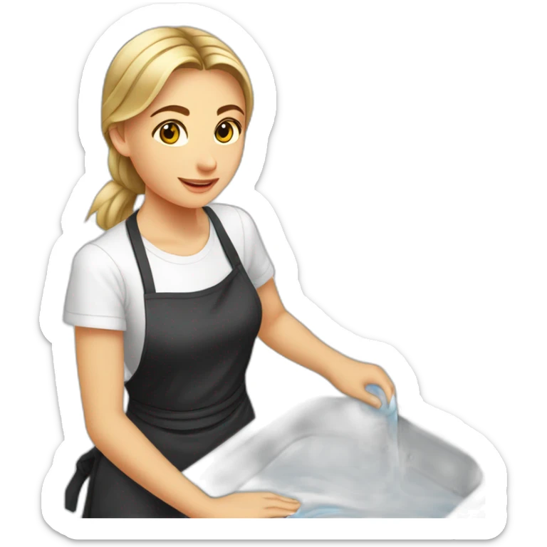 Slavic girl washes the floor in a white T-shirt and a black apron sticker