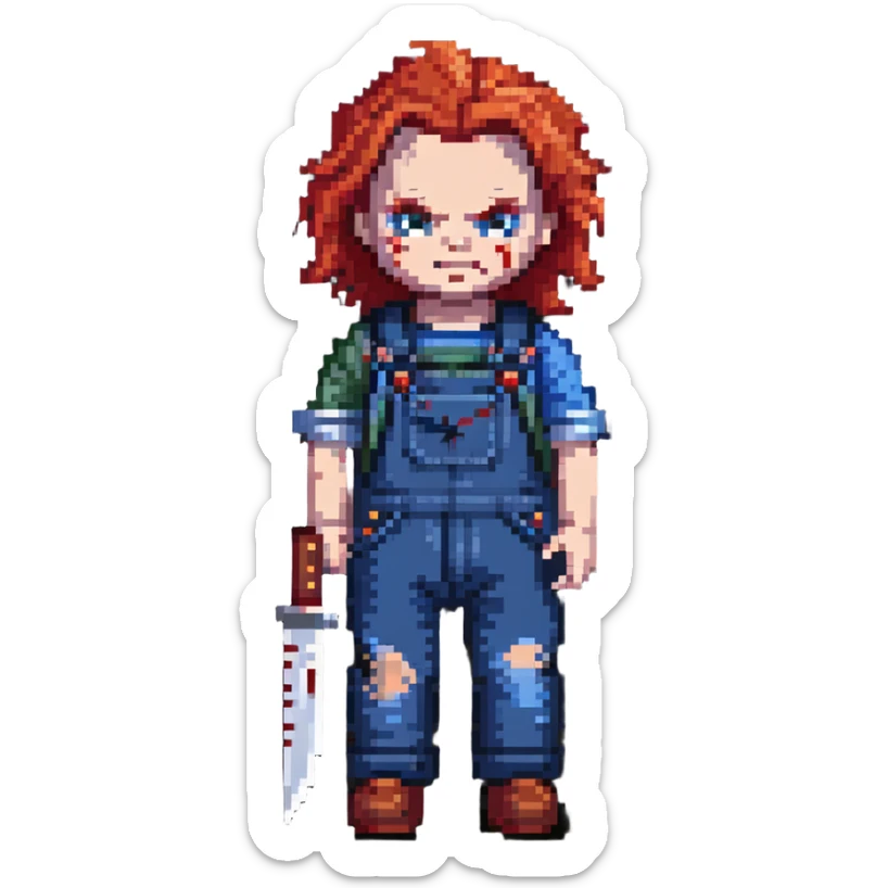 Chucky doll from Child's Play horror movie with red hair, scarred face, blue overalls and a knife sticker