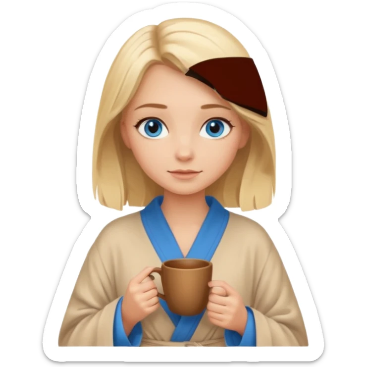 cozy blonde girl with middle length hair and blue eyes holds a brown cup in beige  robe sticker