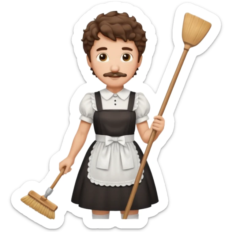 Guy with short shaggy brown hair , a curly mustache, wearing a cute maid dress, sweeping sticker