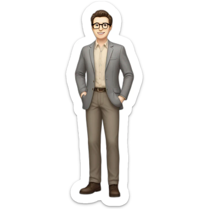 Full height Pale skinned Fit Man With dark brown hair in gray classic jacket, beige office shirt, Brown pants and vintage glasses. Thrumbs of his palms upwards sticker