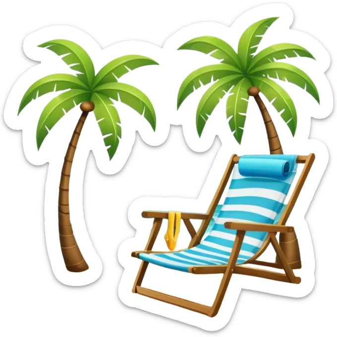 Icon for Beach Tourism: a sunny beach with waves, lounge chair and palm trees, a snorkel mask, capturing the essence of tropical beach relaxation. The icon should feel bright and carefree, without a frame. Transparent background. sticker