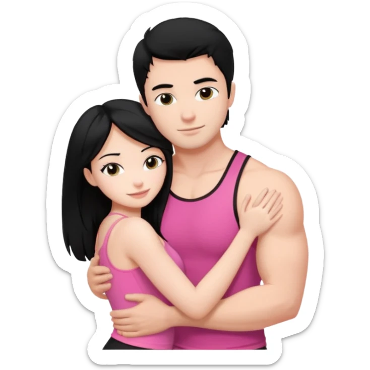 a pretty bratz fair girl. black hair, wearing a pink cami top, she is hugging a handsome fair guy with black hair. lean but muscular.the boy is wearing a black tshirt sticker