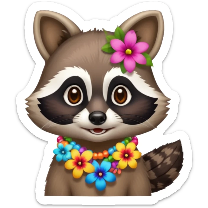 A playful raccoon wearing a hawaiian flower necklace, looking festive. sticker