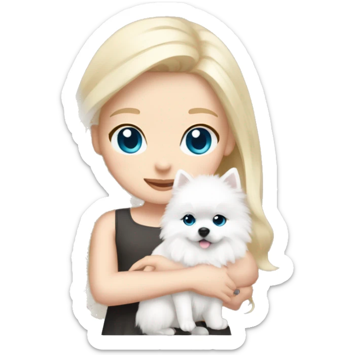 Blond girl white skin blue eyes hugging white Pomeranian with light pink bow sticker