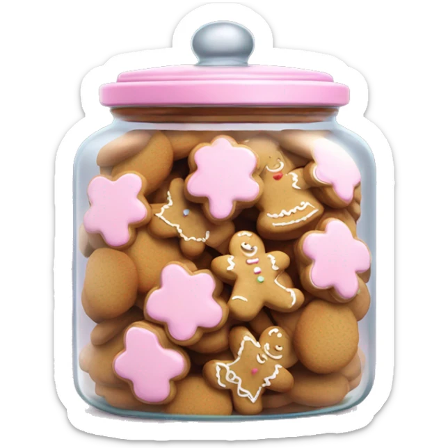 Realistic glass cookie jar with light pink lid full of gingerbread cookies isolated.  sticker