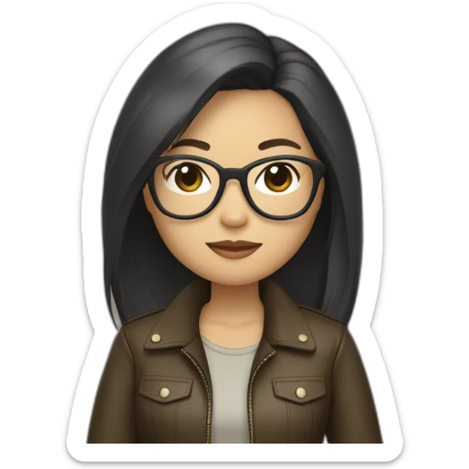 asian girl with glasses and a leather jacket with a  khaki shirt and long dark hair sticker