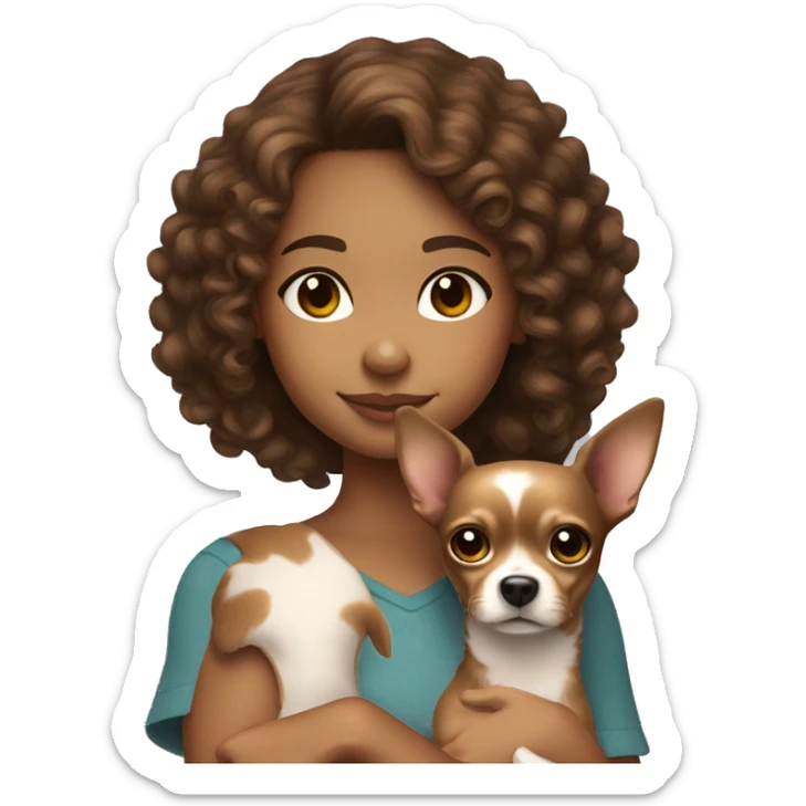 a brown-haired girl with brown eyes and curly hair holds a Chihuahua dog in her arms sticker