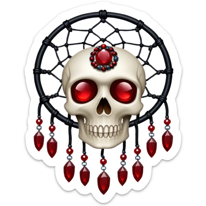 Blood-red, bloody, obsidian-black, edgy, dream catcher, red gemstones, black wires, black threads, big skull in the middle sticker