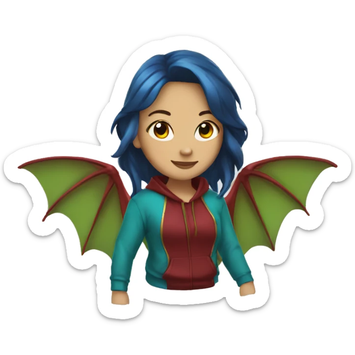 Lady with brunette and blue hair, gold, green dragon wings, maroon hoodie, and bright red eyes sticker