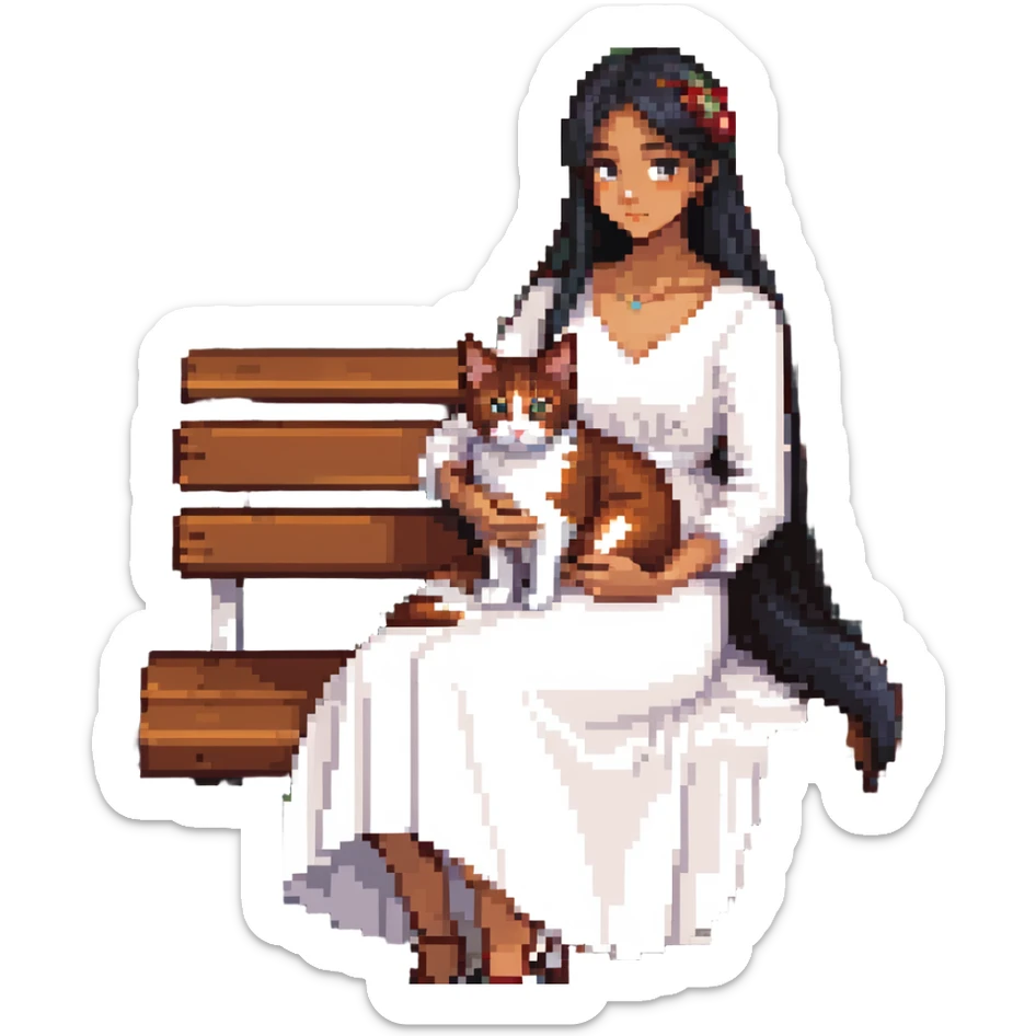 beautiful girl with long black hair in a white dress holding an Abyssinian cat with reddish-brown fur, sitting on a bench sticker
