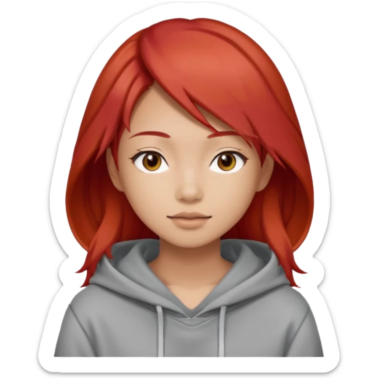 Asian young adult in a hoodie with red hair care free persona sticker