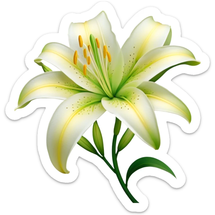 Cinematic Realistic Lily Emoji, Elegant and fragrant, with soft, white petals curling delicately around a golden-yellow stamen at its center. The long, slender green stem stands tall, supporting the vibrant bloom with its slightly curled tips. Soft glowing outline, capturing the essence of purity, elegance, and grace in a striking lily. sticker