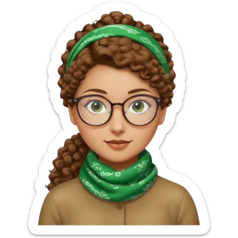 iranian woman, tight curly light brown hair in one high pony tail, glasses, green eyes, pretty, oval shape face, no hajib, scarf on neck sticker