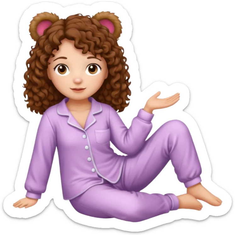 Woman with brown eyes, brown curly hair, white skin, full body in cute pijama bear sticker