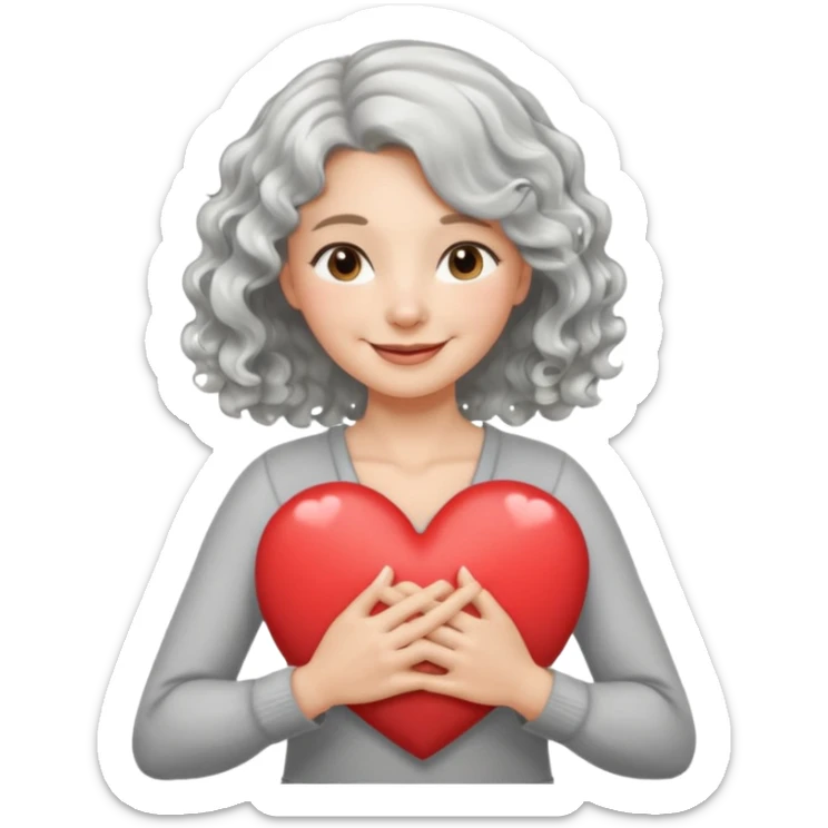 Silver hair, wavy/curly hair chin-length lady giving hug with 2 arms,  v-neck and smiling, add a heart sticker