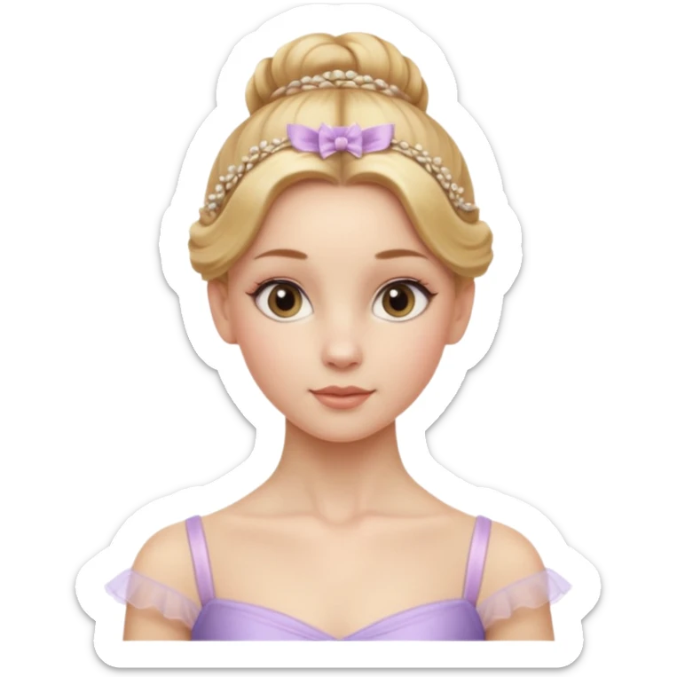 Cinematic Realistic Ballerina Portrait, depicted with lifelike skin texture, subtle rosy undertones, and soft natural lighting that enhances the gentle contours of her face. Her intricately detailed golden blonde hair is elegantly styled in an updo, sticker