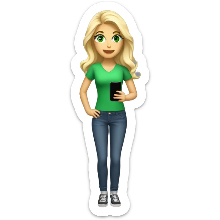 blonde woman, fair skin, green eyes, cell phone in hand, full body sticker