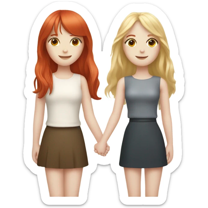 Pale skin Red head girl and pale skin blonde girl with bangs best friends holding hands sticker
