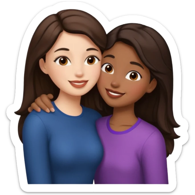 A girl kisses her friend The girls' hair color is dark brown.  sticker