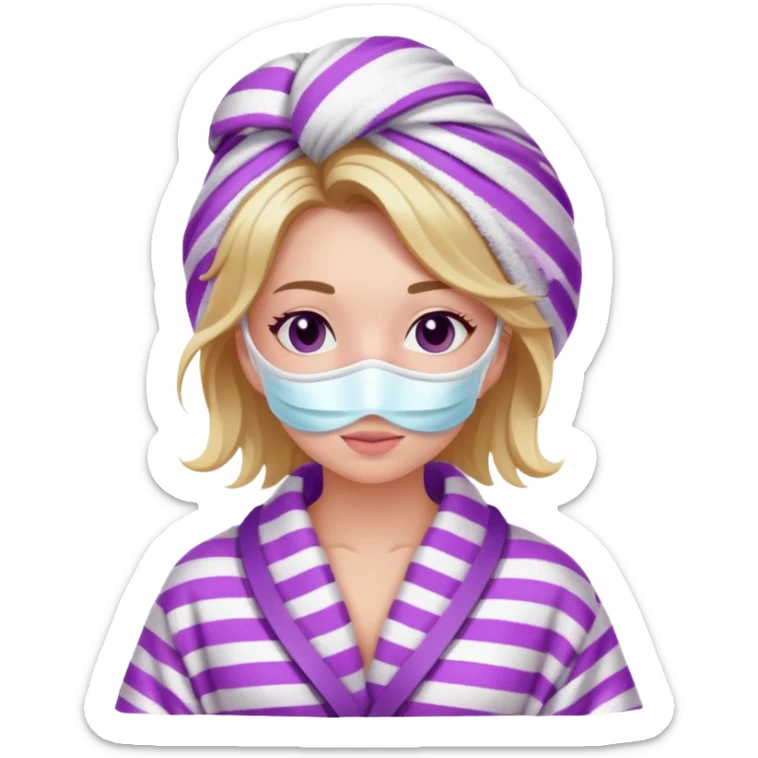 a white girl with a face mask on, her hair in a purple towel and she is in a white bathrobe with pink stripes sticker
