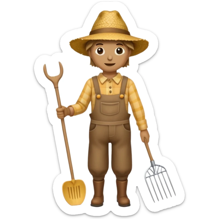 Scarecrow, straw hat, and a rake tucked in one arm, body on stick sticker