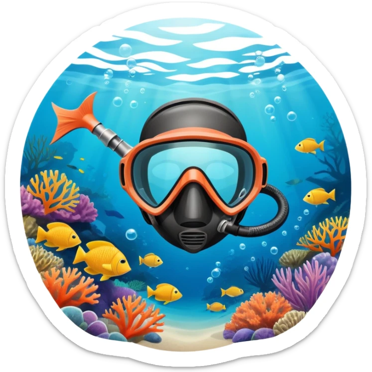An icon featuring a close-up of a freediving mask and snorkel, with a breath-holding diver's fins, set against a vibrant underwater world. The design includes coral reefs, fish, and bubbles, symbolizing the serene beauty and thrill of freediving. Transparent background highlights the calm sticker