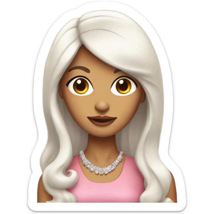 Tanned woman with long black hair in a 60s style outfit and hair sticker