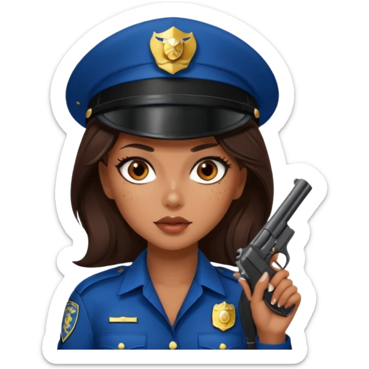 A sexy girl. with caramel skin. Dark brown hair and brown eyes. She has freckles. Wearing sexy makeup. Dressed as a sexy cop. Wearing heels. Holding a gun sticker