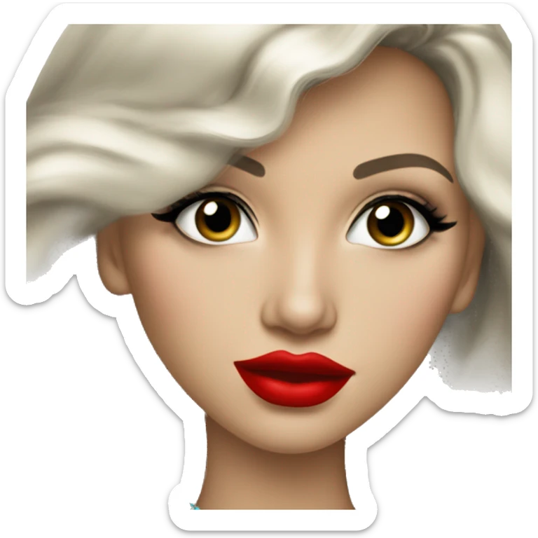 Russian Blonde long hair with big red lips small nose and black eyes Tiffany diamond seller in a grey suit sticker