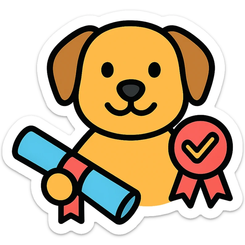 An icon of a smiling dog with a marketing badge, holding a diploma, representing loyal marketing. sticker